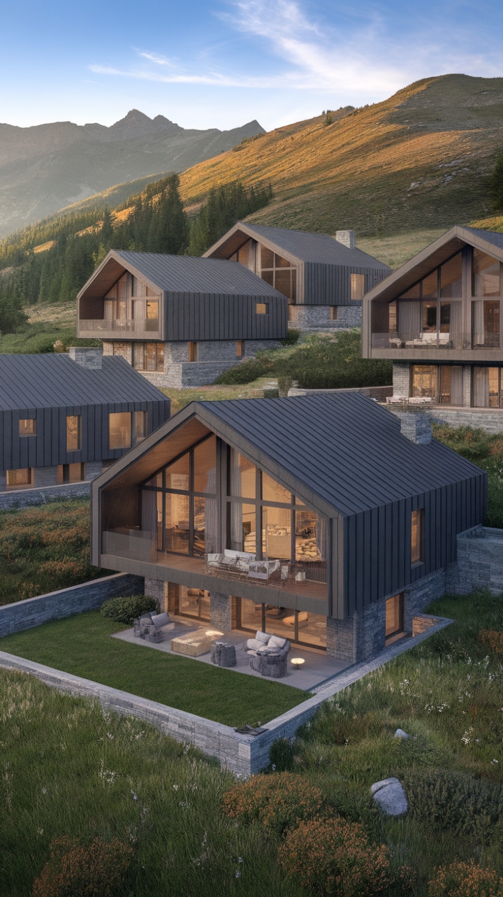Escape to the breathtaking serenity of these contemporary mountain homes, where rustic-modern design meets expansive alpine vistas. Clean lines and natural materials create an atmosphere of sophisticated tranquility, perfect for those seeking a luxurious mountain retreat.