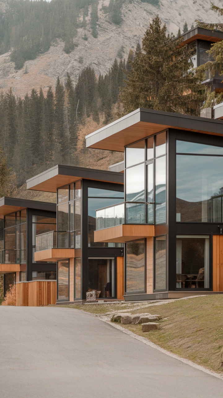 With their striking modern aesthetics and thoughtful integration into the landscape, these contemporary mountain homes redefine luxury living in the heart of nature. The combination of wood and glass creates a warm yet sophisticated ambiance, while the flat roofs and large windows provide unobstructed views of the rugged mountains and dense forests that surround them. A gently sloping path guides you to the first home, where the allure of alpine living meets cutting-edge design, inviting you to experience a lifestyle that celebrates both comfort and the great outdoors.