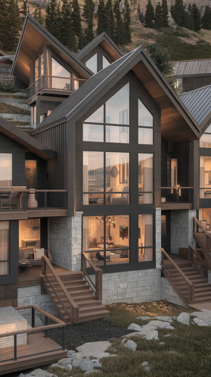 Where mountain majesty meets minimalist marvel. These contemporary alpine residences, nestled seamlessly into the hillside, offer breathtaking panoramic views and interiors that blend rustic warmth with sleek modern design. Floor-to-ceiling windows frame the dramatic landscape, while natural materials and clean lines create a sanctuary of sophisticated comfort.