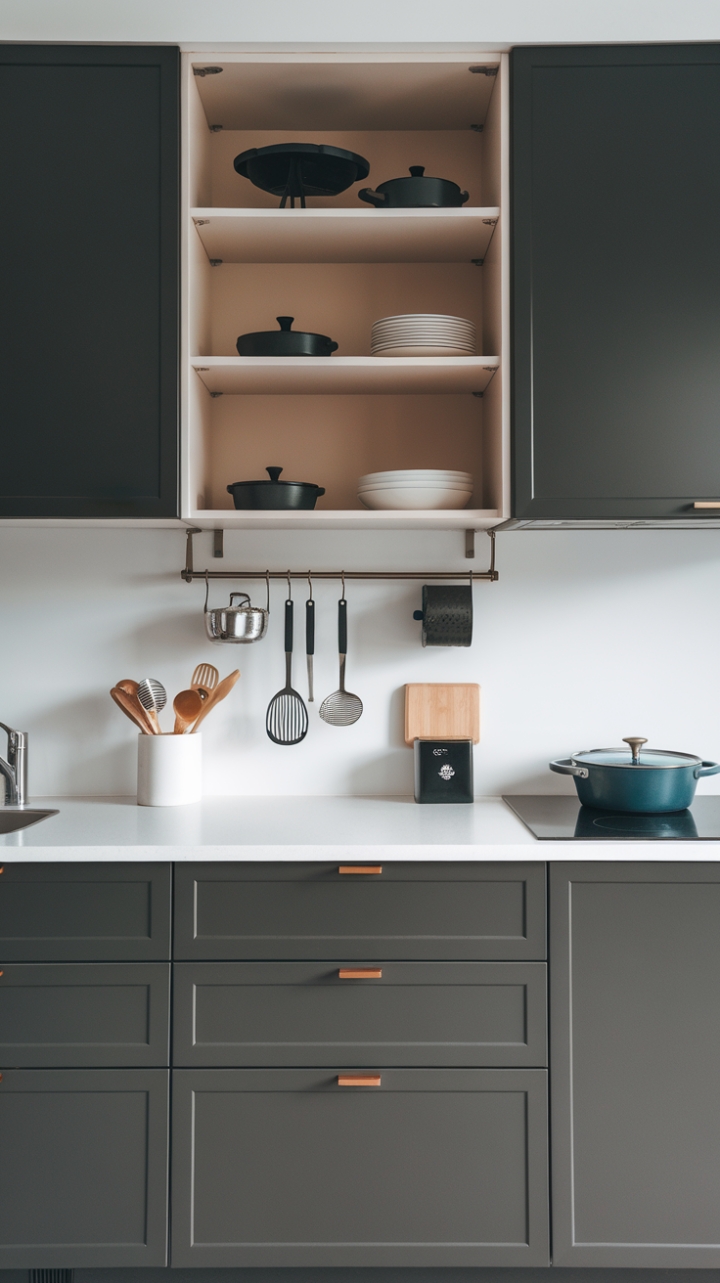This contemporary kitchen embodies the essence of minimalist design, showcasing a harmonious blend of functionality and style. The dark grey cabinets exude sophistication while providing ample storage for pots, pans, and dishes, all neatly arranged for easy access. The pristine white countertops create a striking contrast, enhancing the kitchen's airy feel. Chic organizers, including a sleek hanging pot rack and a stylish utensil holder, add both practicality and flair, ensuring that every element is thoughtfully curated. The overall ambiance is one of cleanliness and order, making it a perfect space for culinary creativity.