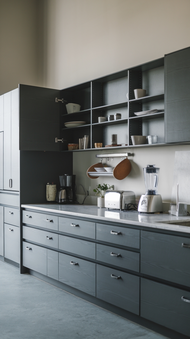Indulge in the sophisticated simplicity of this contemporary kitchen. Dark gray cabinetry, punctuated by open shelving showcasing curated organizers, creates a dramatic yet functional space. The cool gray concrete floor and pristine white marble countertops complete this minimalist masterpiece, a testament to modern elegance.