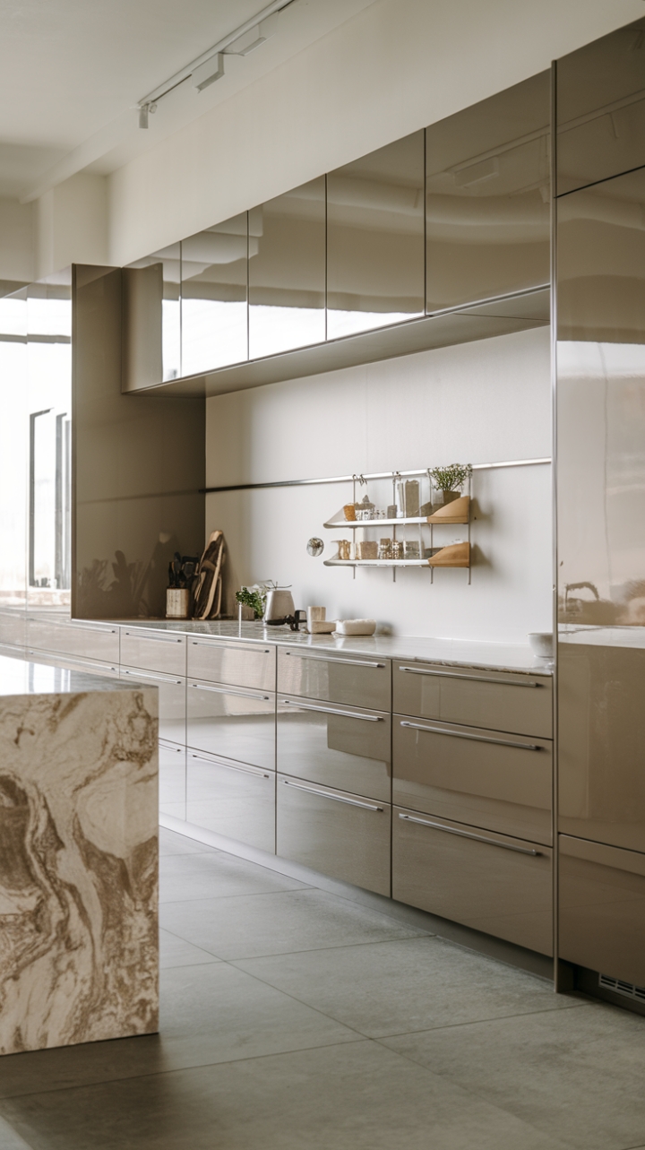 Unveiling a minimalist masterpiece: sleek cabinetry, a stunning marble island, and ingenious storage solutions coalesce in this contemporary kitchen, where functionality meets breathtaking design. The cool grey tiles ground the space, creating a haven of sophisticated simplicity.