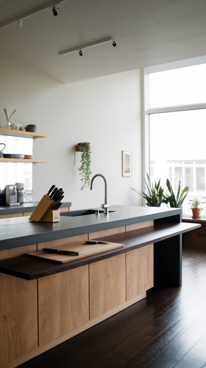 A stunning example of modern design, this minimalist kitchen showcases a seamless blend of style and practicality. The striking dark wood countertop serves as a focal point, complemented by a chic kitchen island that offers both a functional workspace and a gathering spot for family and friends. Crisp white walls amplify the light, while potted plants near the window introduce a natural element, creating a serene atmosphere that invites culinary exploration and social connection.