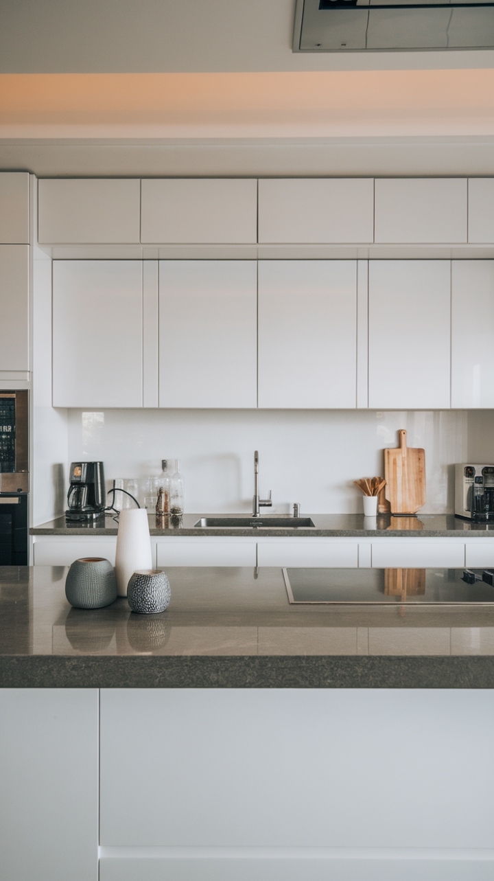 Pure contemporary elegance reigns in this open-concept kitchen. A striking dark grey island, adorned with subtle accents, contrasts beautifully against the crisp white cabinetry and backsplash. The result? A kitchen that's as visually stunning as it is practical, a perfect blend of form and function for the modern homeowner.