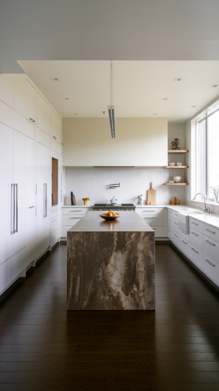In this stunning contemporary kitchen, minimalist elegance reigns supreme, featuring a generous island that combines practicality with sophisticated design. The dark countertop contrasts beautifully with the pristine white walls and cabinetry, creating a striking visual appeal. Rich dark wood floors ground the space, while a stylish pendant light casts a warm glow over the island, making it the perfect spot for both cooking and gathering.