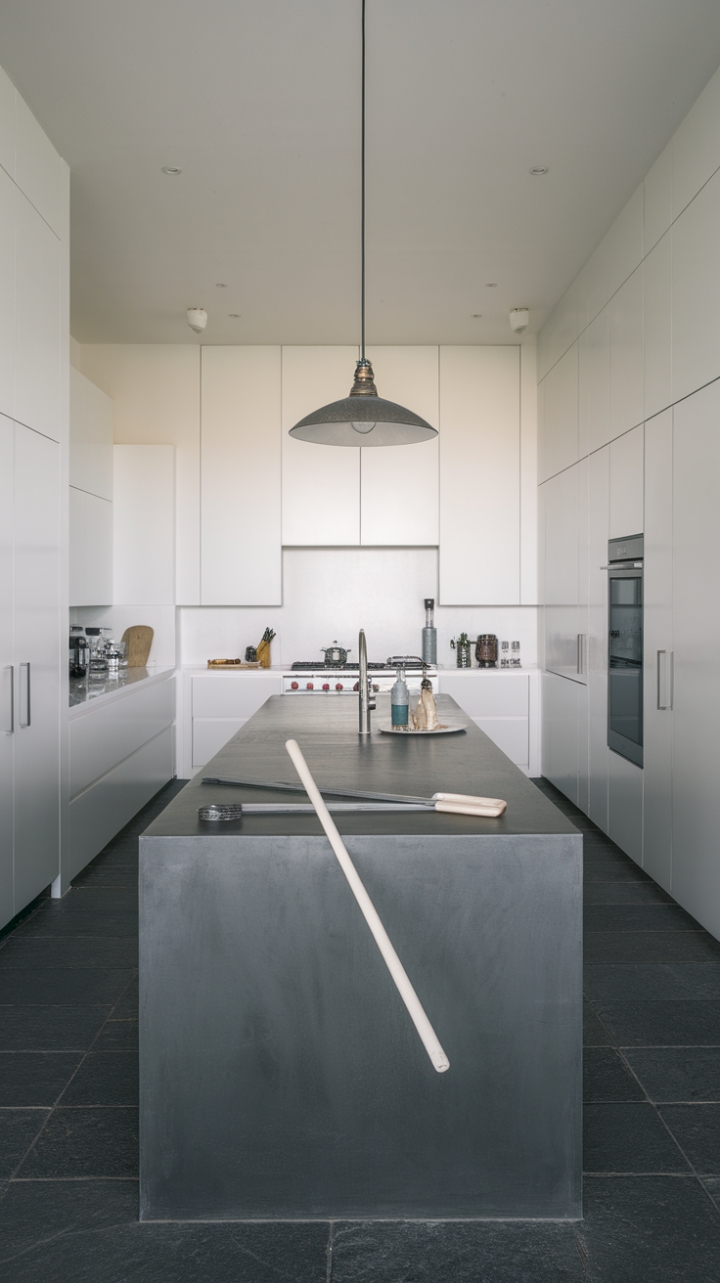 Modern minimalism meets sophisticated style in this stunning open-concept kitchen. The sleek, dark gray island, punctuated by a few carefully placed white tools, anchors the space, while crisp white cabinetry and dark gray tile flooring create a harmonious contrast. A single pendant light adds a touch of understated elegance.