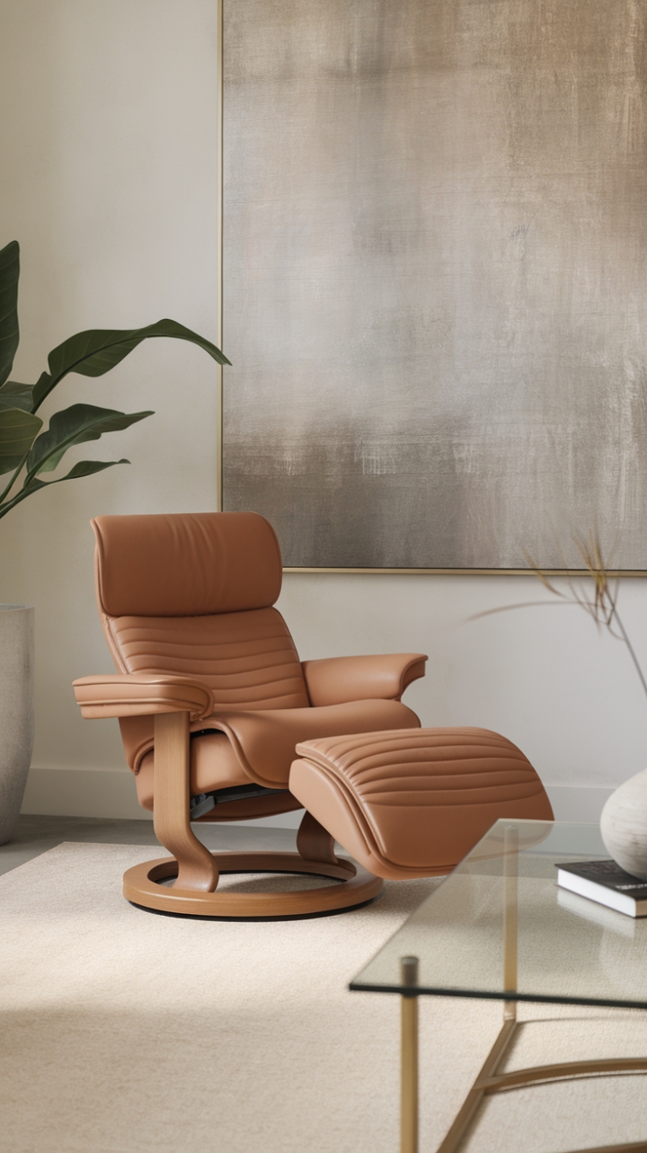 Unwind in understated elegance. A contemporary recliner takes center stage in this serene living room, its clean lines and rich texture perfectly complementing the minimalist aesthetic. The strategic placement near a glass coffee table and verdant plant adds a touch of organic warmth, while the abstract art provides a captivating backdrop.