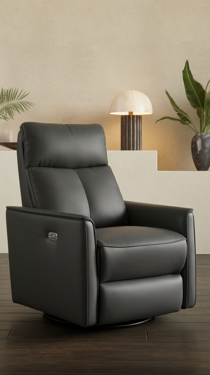 Embrace the art of modern living with this stunning recliner, where sleek design meets unparalleled comfort. Crafted from luxurious dark gray leather, it features a minimalist profile and a single button for effortless reclining, making it a standout piece in any contemporary home. The soft beige wall behind it enhances the chair's elegance, while a carefully placed potted plant and a chic lamp bring a refreshing touch of nature and light, all set against the rich tones of the dark wood floor that ties the room together.