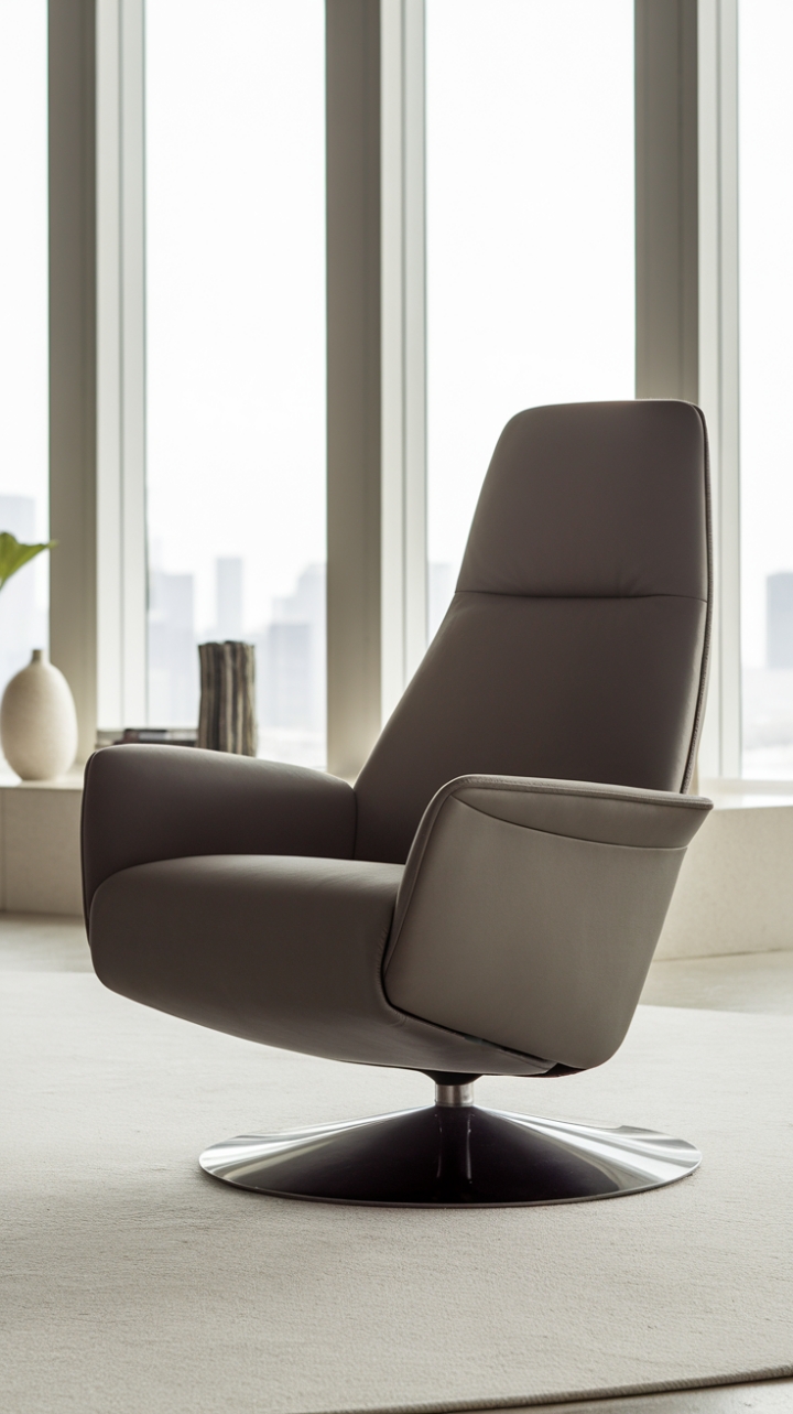 With its striking minimalist design, this contemporary recliner offers both style and comfort, boasting a smooth dark grey fabric that hugs its ergonomic shape. The gleaming dark grey metal base provides a modern touch, harmonizing beautifully with the airy living room adorned with a plush white rug and tasteful decor. Large windows frame a breathtaking city skyline, while soft lighting casts a warm glow, creating an inviting space perfect for relaxation and contemplation.