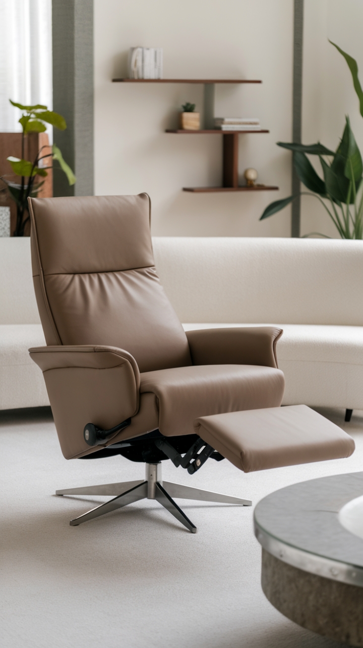 Unwind in style. A symphony of clean lines and luxurious leather, this recliner is more than just seating; it's a statement piece. Its adaptable design complements the airy white sofa and minimalist coffee table, creating a living space that's both chic and incredibly inviting. The perfect blend of form and function for the modern home.