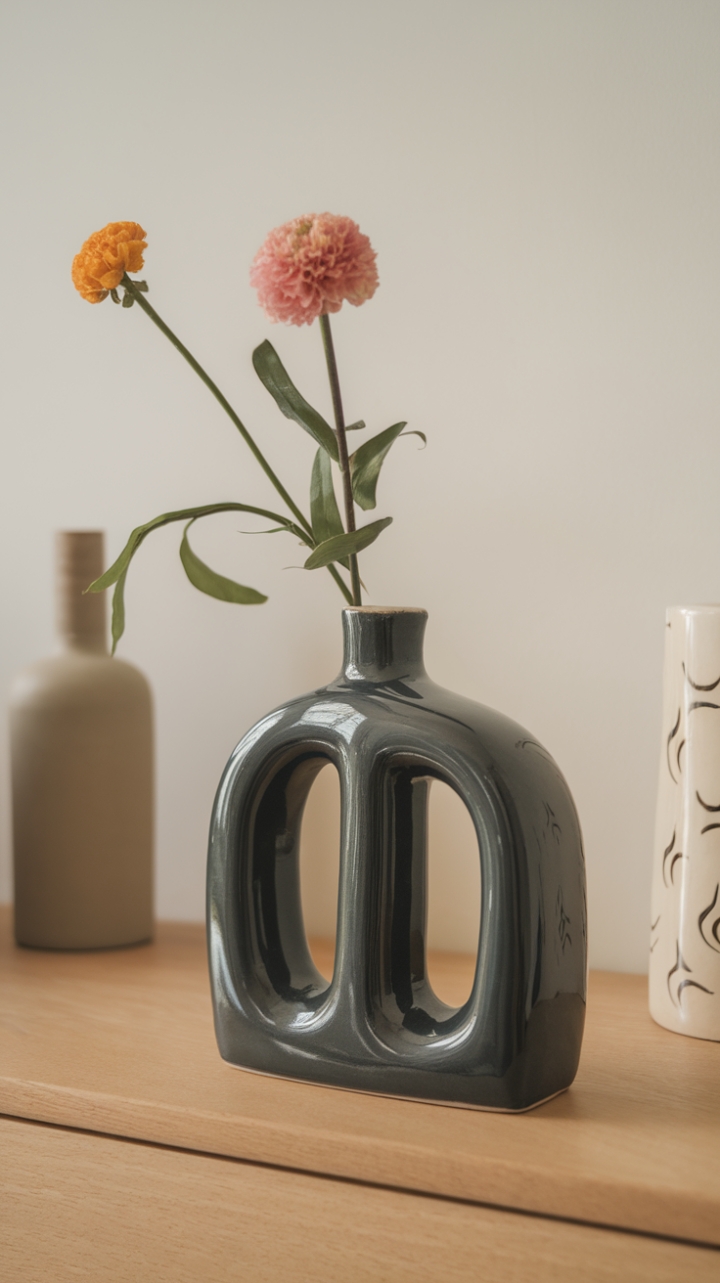 This stunning contemporary vase, crafted from smooth ceramic with a lustrous finish, serves as a striking focal point in any space. Its minimalist design harmonizes beautifully with the natural warmth of the wooden surface beneath, while a delicate arrangement of flowers adds a touch of life and color. The understated background, adorned with a few carefully chosen decorative items, enhances the vase's elegance, creating a serene and sophisticated atmosphere that invites admiration.