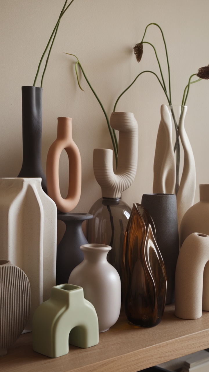 A stunning display of contemporary vases and modern flower holders takes center stage on a rustic wooden shelf, showcasing an array of sleek decorative containers in captivating shapes and sizes. The stylish ceramic vases, adorned with geometric patterns, harmonize beautifully with the designer glass vases featuring graceful curves, while minimalist pieces exude an air of sophistication with their simple yet elegant designs. Artistic creations with unique shapes and textures add an intriguing layer to the arrangement, creating a visual feast against the warm beige backdrop that enhances the overall aesthetic.