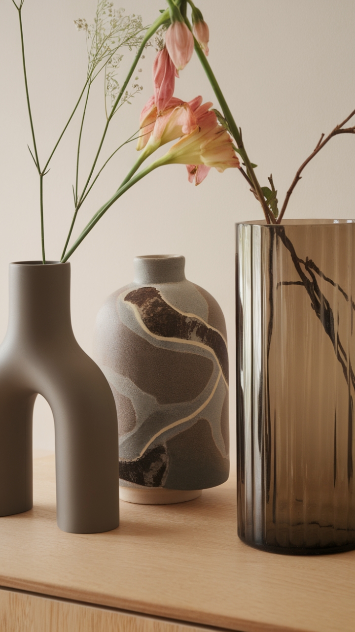A symphony of textures and shapes, this curated collection of vases is a masterclass in understated sophistication. From the sleek minimalism of the curved vase to the artistic flair of the patterned ceramic and the bold simplicity of the cylindrical glass, each vessel is a statement piece, beautifully complemented by the fresh, vibrant flowers. A perfect blend of form and function, this arrangement is the epitome of modern home décor.