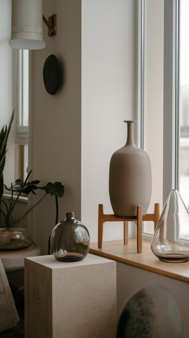 This minimalist living room exudes a sense of calm with its carefully curated decor, where each piece plays a vital role in the overall aesthetic. A tall, sleek ceramic vase with a narrow neck stands proudly on a wooden stand, catching the sunlight that filters through the window, while a short, rounded glass vase adds a playful touch on a rectangular surface nearby. The conical glass vase, perched on a round object by the door, introduces an artistic flair, harmonizing beautifully with the surrounding greenery and a chic lamp. Together with a selection of thoughtfully chosen decorative objects, this space embodies a refined simplicity that invites relaxation and contemplation.