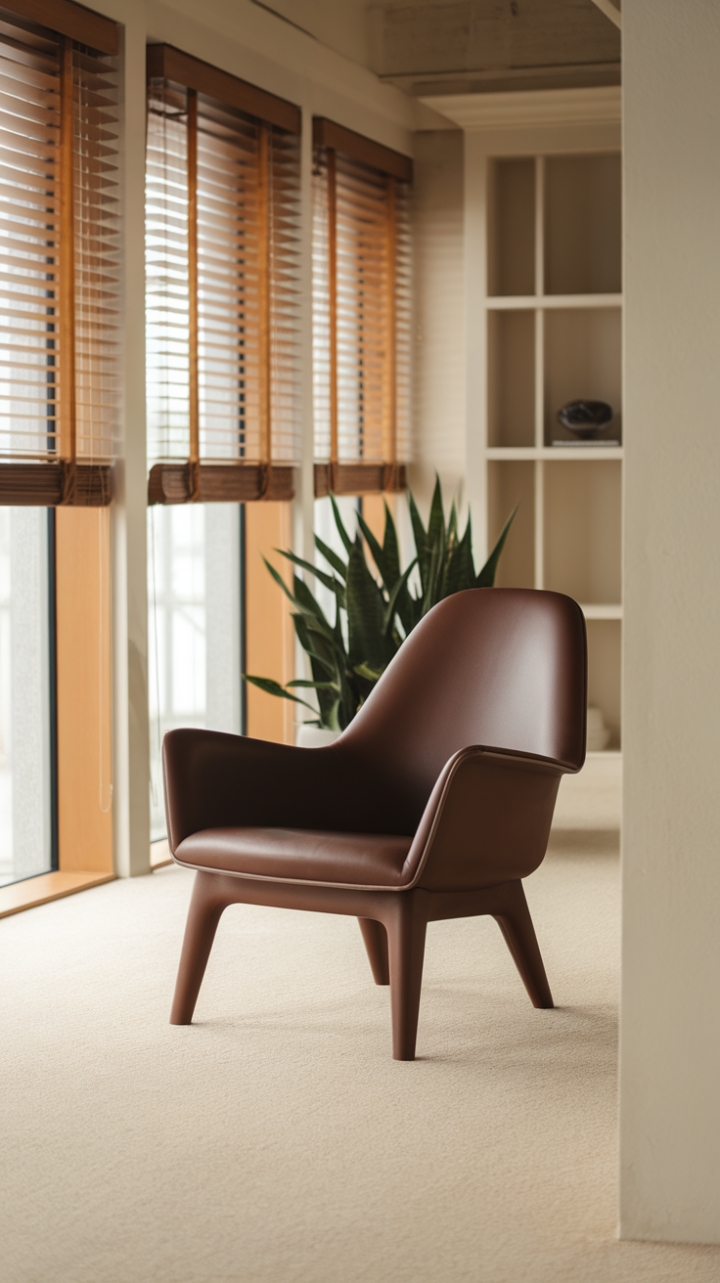 This stunning living room showcases a designer lounge chair that embodies modern elegance with its minimalist design and inviting curved backrest. Positioned on a soft beige carpet, the chair harmonizes beautifully with the neutral color palette of the room, where beige walls and a white bookshelf create a tranquil backdrop. The large windows, dressed in wooden blinds, flood the space with natural light, while a potted plant nearby introduces a refreshing touch of nature, making this a perfect retreat for relaxation and style.