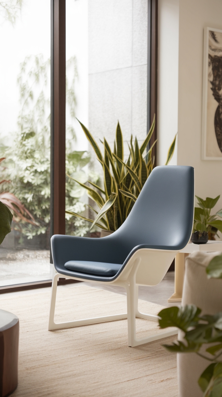 In this contemporary living room, minimalist design takes center stage, showcasing a sleek lounge chair with a striking white frame and a plush blue cushion that beckons you to unwind. Bathed in natural light from a generous window that opens up to a verdant outdoor oasis, the space is anchored by a soft beige rug that adds a touch of warmth. A few carefully selected plants and art pieces on the walls contribute to the chic atmosphere, making this room a perfect sanctuary for relaxation and inspiration.