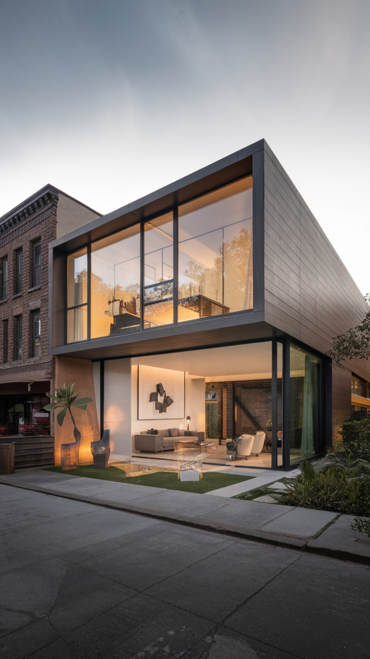 This contemporary home embodies the essence of minimalist design, showcasing a sleek interior that seamlessly flows through an open floor plan. The innovative building materials of the exterior reflect a modern aesthetic, perfectly complementing its urban surroundings. A stylish living space, highlighted by a large window, invites natural light to dance across the clean lines and understated elegance, creating a serene oasis amidst the bustling cityscape.