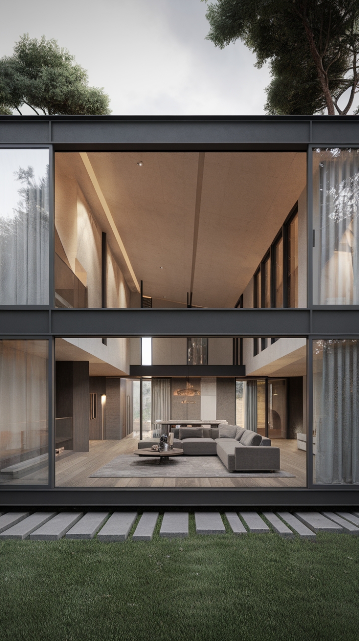 This stunning modern home embodies the essence of minimalist architecture, showcasing an open floor plan that invites natural light to dance across its sleek interiors. Crafted from innovative, sustainable materials, the space harmoniously blends style and eco-consciousness. The warm wooden floors and walls create a cozy yet sophisticated atmosphere, while the high ceiling adds an airy feel to the stylish living area, adorned with carefully selected furniture pieces like a chic sofa and a contemporary coffee table. Framed by the gentle presence of surrounding trees, this home is a serene retreat that celebrates both design and nature.