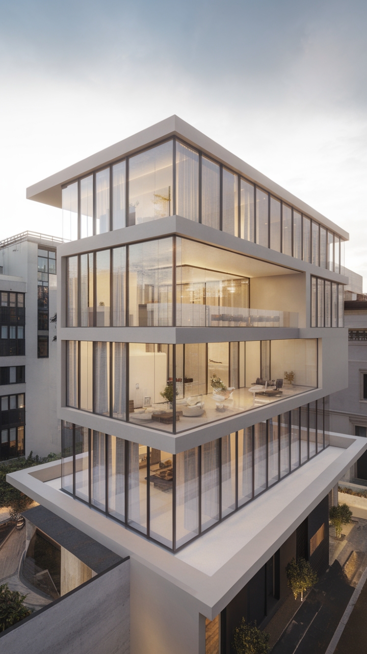 A stunning example of contemporary architecture, this minimalist residential building captivates with its clean lines and bold use of materials. The pristine white facade, adorned with generous glass windows, reflects the dynamic energy of the urban environment while providing a serene retreat inside. Each level features an open floor plan that maximizes space and light, creating a seamless flow that enhances the overall sense of tranquility and modern elegance, making it a true urban oasis.