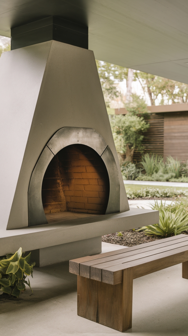 Embrace the art of outdoor living with this striking modern fireplace, where sleek concrete meets a sophisticated matte black metal frame, creating a stunning centerpiece for any garden. The generous circular opening radiates warmth, inviting gatherings around its glow, while a beautifully crafted wooden bench beckons you to sit back and enjoy the serene surroundings. With a backdrop of vibrant plants and meticulously tended greenery, this outdoor oasis exudes a peaceful charm, perfect for cozy evenings under the stars.