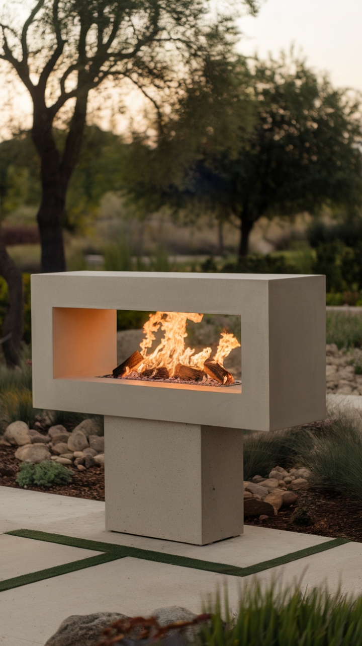 Embrace the warmth of minimalist modern design with this stunning outdoor fireplace. Clean lines and a crisp white finish create a striking focal point against the serene backdrop of nature, while the dancing flames offer a captivating ambiance for al fresco evenings. The perfect blend of sophistication and comfort for your outdoor oasis.