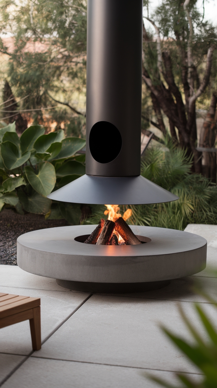 With its striking combination of materials and clean lines, this contemporary outdoor fireplace serves as a captivating focal point, blending seamlessly into the tranquil surroundings. The smooth grey stone base contrasts beautifully with the sleek black metal, while the unique cylindrical design adds a touch of sophistication. Nestled among vibrant green plants, this inviting space is perfect for gathering with friends or enjoying quiet moments, making it an ideal retreat for any outdoor enthusiast.