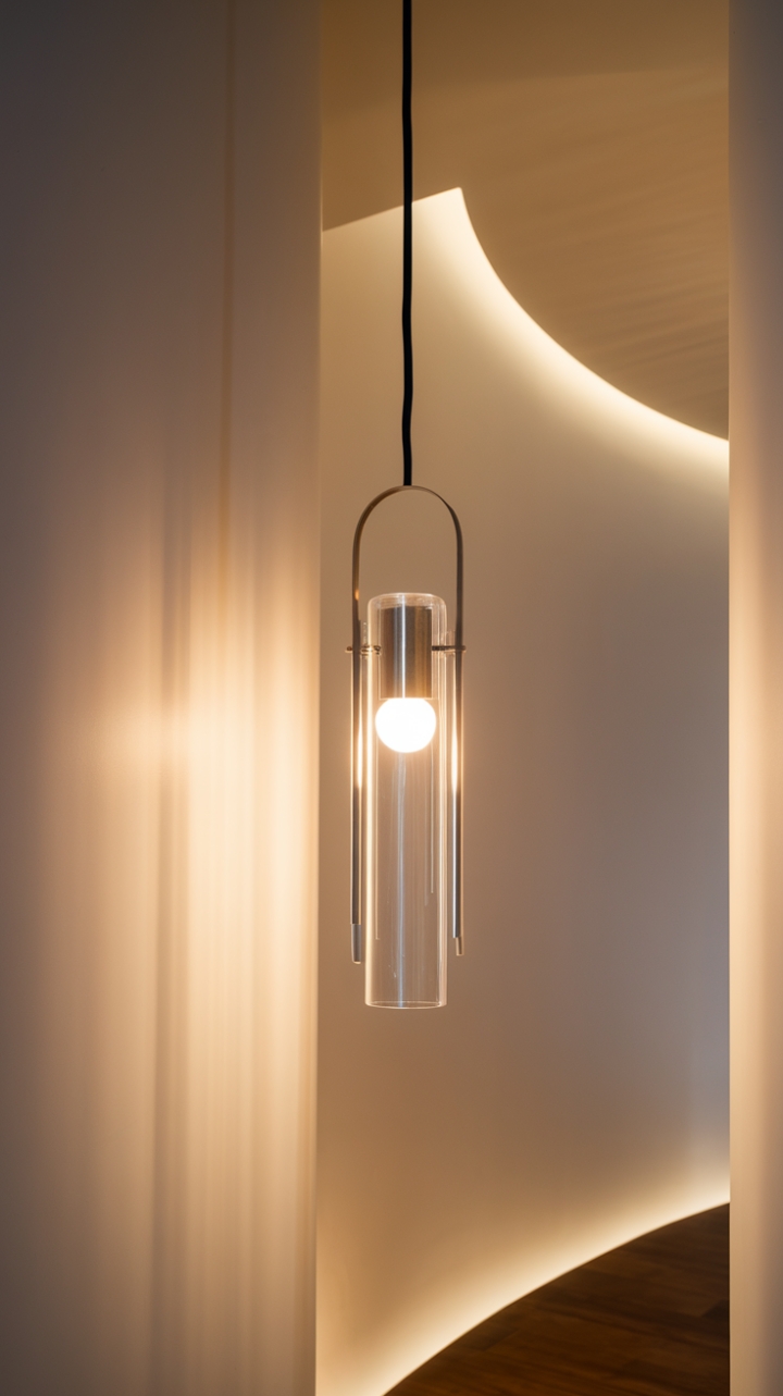 Sculptural simplicity meets warm illumination. This cylindrical glass pendant, suspended from a slender black rod, casts a captivating glow, transforming any modern space into a haven of understated elegance. The clean lines and soft light create an atmosphere of tranquil sophistication.