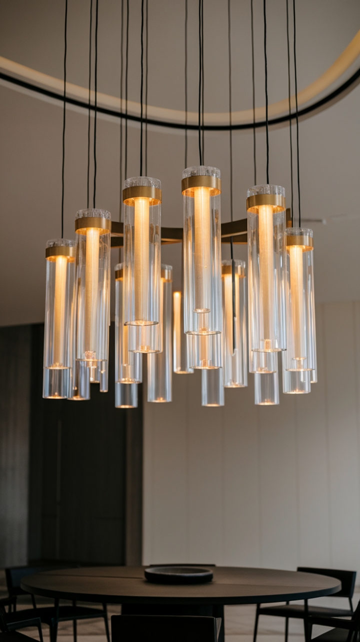 A symphony of light and glass. This modern chandelier's golden-hued cylinders create a mesmerizing focal point, transforming any space into a haven of refined elegance. Its minimalist design is the ultimate statement piece.