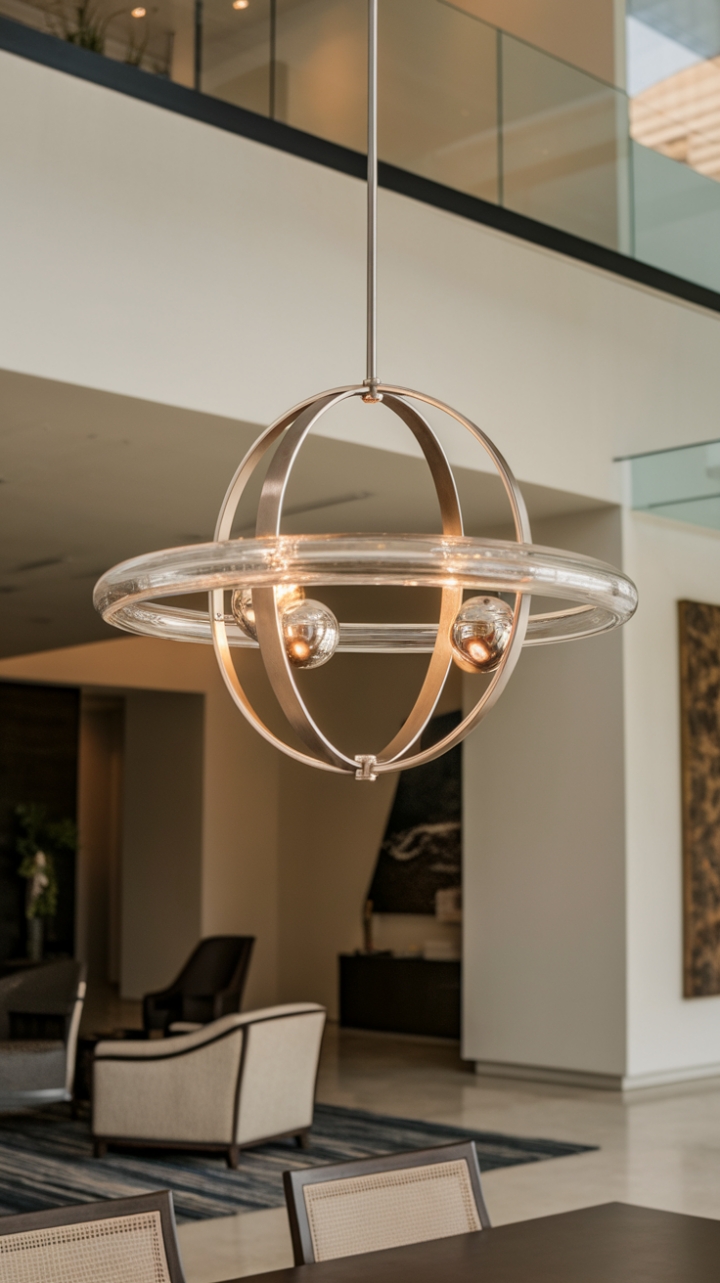 A symphony of light and shadow. This contemporary pendant, with its sleek metallic frame and crystalline orb, commands attention above a casually elegant dining area. The brushed nickel finish adds a touch of understated luxury, while the clear glass diffuses a soft, inviting ambiance throughout the room.