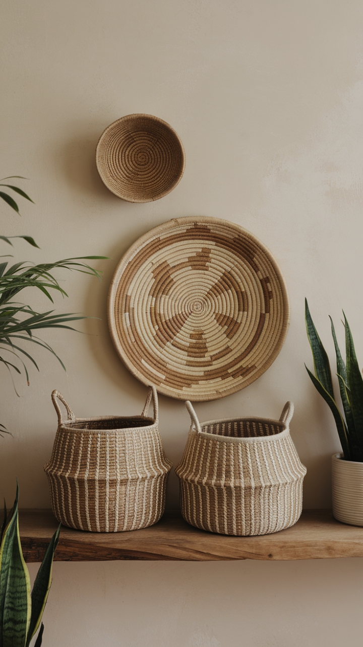 In this serene minimalist living room, a trio of handcrafted woven baskets in varying sizes adds a touch of organic charm to the wooden shelf. Their soft beige tones harmonize beautifully with the warm backdrop of the beige wall, creating a soothing palette that invites relaxation. These versatile baskets not only serve as stylish decor but also provide practical storage solutions, while the gentle presence of lush greenery in the background breathes life into the space, making it a perfect blend of functionality and aesthetic appeal.