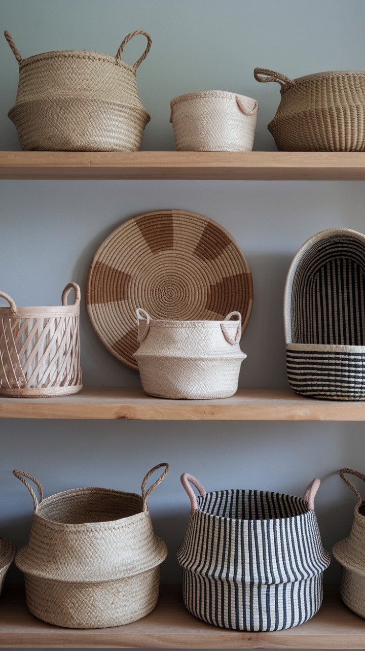 A symphony of texture and form: Handwoven wonders in natural fibers and minimalist designs create a captivating display of curated storage and understated elegance. These aren't just baskets; they're sculptural accents that breathe warmth and sophistication into any space.