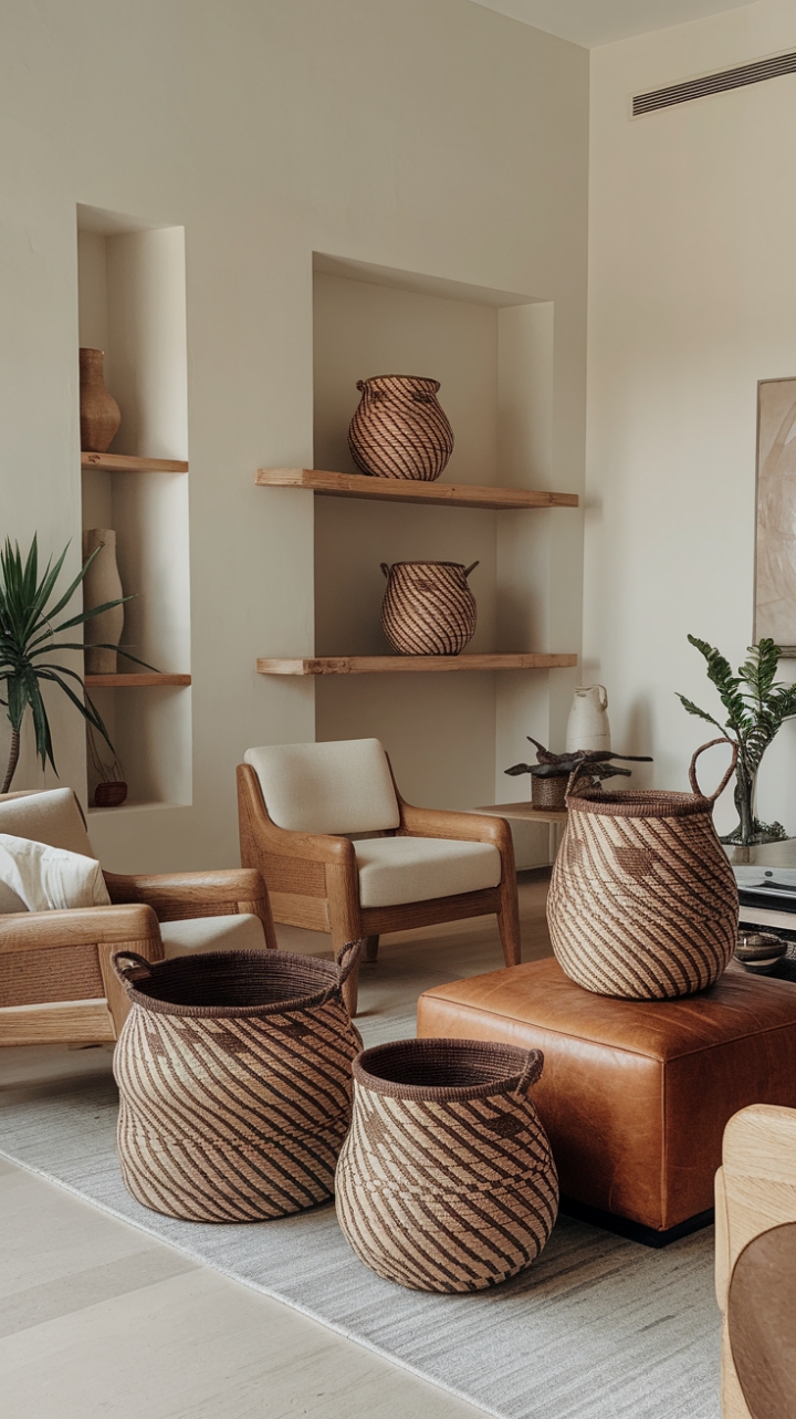 A curated collection of handcrafted woven baskets breathes life into this contemporary haven. From a wooden shelf to a plush leather ottoman, each basket tells a story, adding layers of texture and warmth to the minimalist design. The result? A sophisticated sanctuary where comfort and style intertwine seamlessly.