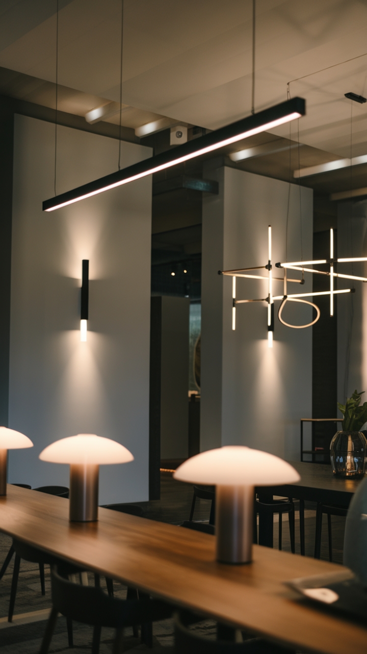 In this stunning modern interior, the interplay of light and design creates an atmosphere of sophistication and warmth. Sleek lamps grace a wooden table, their clean lines echoing the minimalist lighting fixture that elegantly hangs from the ceiling. A contemporary chandelier, a true statement piece, hovers above the dining table, casting a soft glow that invites gatherings and conversation. Complementing the overall aesthetic, modern wall sconces are strategically mounted, enhancing the innovative lighting design that infuses the space with a luxurious ambiance.
