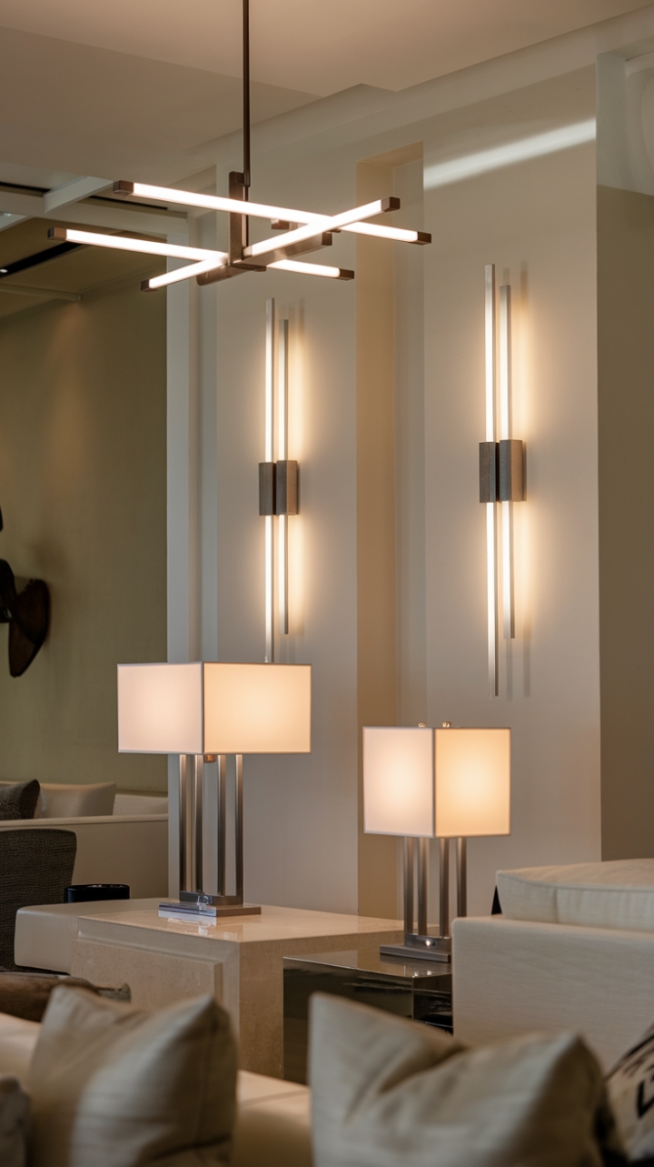 This stunning living room showcases a harmonious blend of minimalist design and contemporary elegance, where sleek metal and glass lighting fixtures take center stage. Two stylish lamps grace the side table, casting a warm glow that complements the modern wall sconce adorning the wall, while a striking chandelier hovers above the dining table, creating an inviting atmosphere for gatherings. The serene white and beige color palette enhances the room's airy feel, allowing the carefully curated furniture pieces to shine in their understated sophistication.