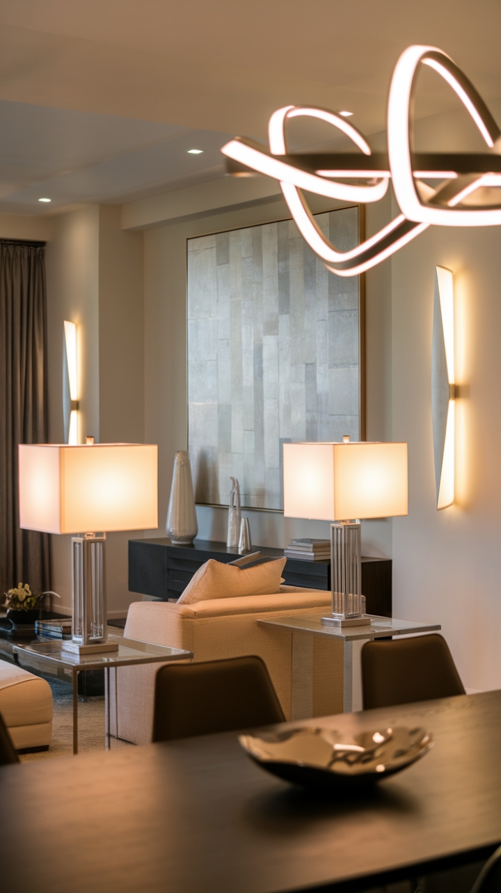 Modern lighting takes center stage in this exquisitely designed living space. A symphony of sleek lamps, a dramatic chandelier, and stylish sconces cast a warm, inviting light, highlighting the clean lines and minimalist aesthetic. The result? A haven of calm and contemporary chic.