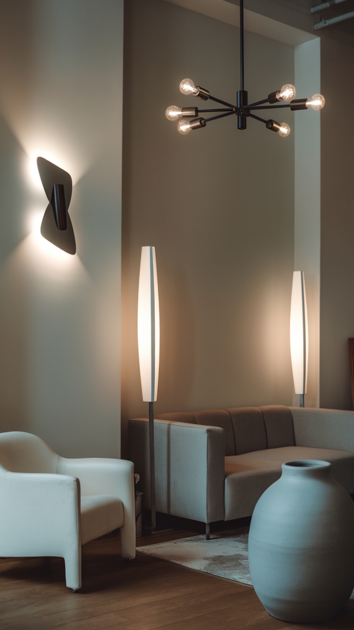 This modern room exudes sophistication with its sleek lines and contemporary lighting that creates a warm, inviting atmosphere. Flanking the plush grey sofa, stylish lamps provide a soft glow, while the striking chandelier above, adorned with multiple bulbs, serves as a stunning focal point. A minimalist aesthetic is beautifully complemented by a chic white chair and a textured grey vase, adding subtle elegance to the space. The rich wooden floor grounds the design, enhancing the overall harmony and balance of this contemporary haven.