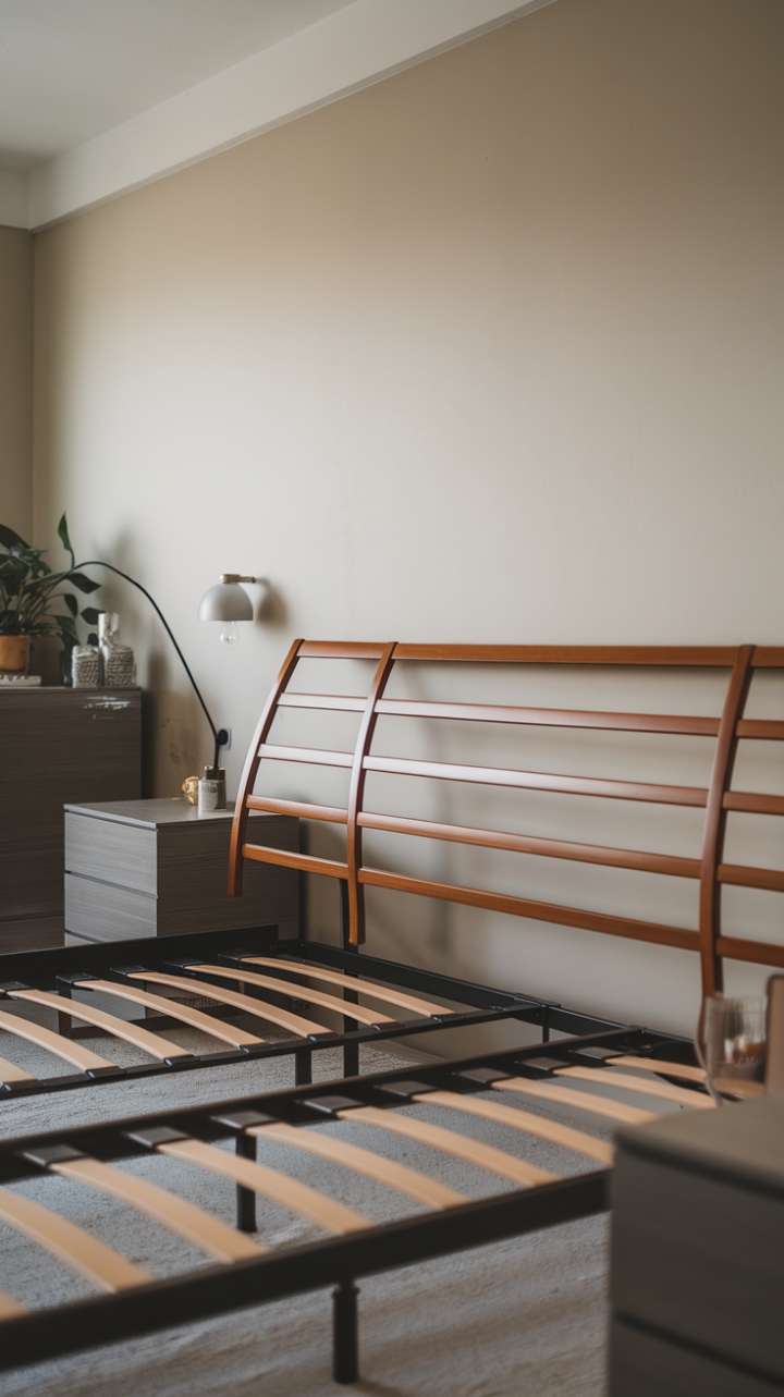 This modern bedroom is a stunning example of minimalist elegance, where simplicity meets sophistication in perfect harmony. The sleek wooden headboard, featuring horizontal slats, serves as a striking focal point against the glossy metal bed frame, creating a chic and inviting atmosphere. Light-colored walls envelop the space in a sense of calm, while a thoughtfully chosen nightstand and dresser maintain the room's uncluttered appeal. A pop of greenery from a carefully placed plant and the warm illumination of a stylish lamp add just the right amount of personality, making this bedroom a serene sanctuary for relaxation and rejuvenation.