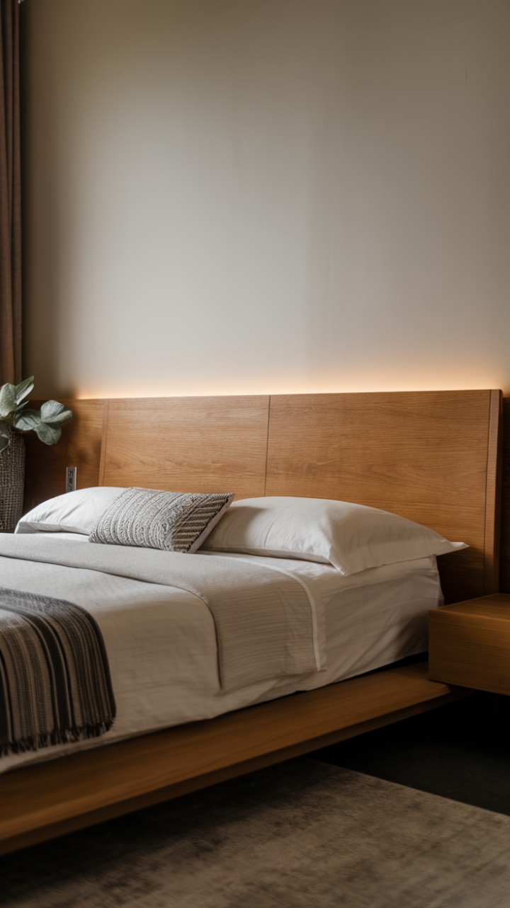 A harmonious blend of style and simplicity defines this contemporary bedroom, where a modern wooden bed frame and a minimalist headboard set the tone for understated elegance. The thoughtfully chosen furniture pieces complement the chic decor, while the soft neutral walls create a calming ambiance that invites rest and reflection, making this space a perfect sanctuary for modern living.