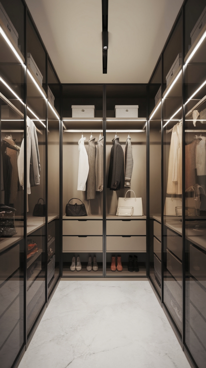 Unveiling a sanctuary of style: This contemporary walk-in closet redefines organization with its minimalist aesthetic. Glass walls bathe the pristine white marble floors in natural light, showcasing a sleek storage system that's both functional and breathtakingly chic. Every detail, from the carefully curated clothing to the perfectly placed accessories, speaks to a life lived with refined simplicity.