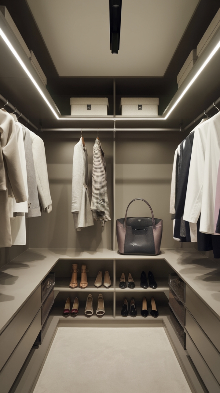 Behold, a vision of closet perfection! Bright, airy, and impeccably organized, this modern wardrobe system showcases the art of streamlined storage. Designer accessories are artfully displayed, transforming a practical space into a stylish haven.