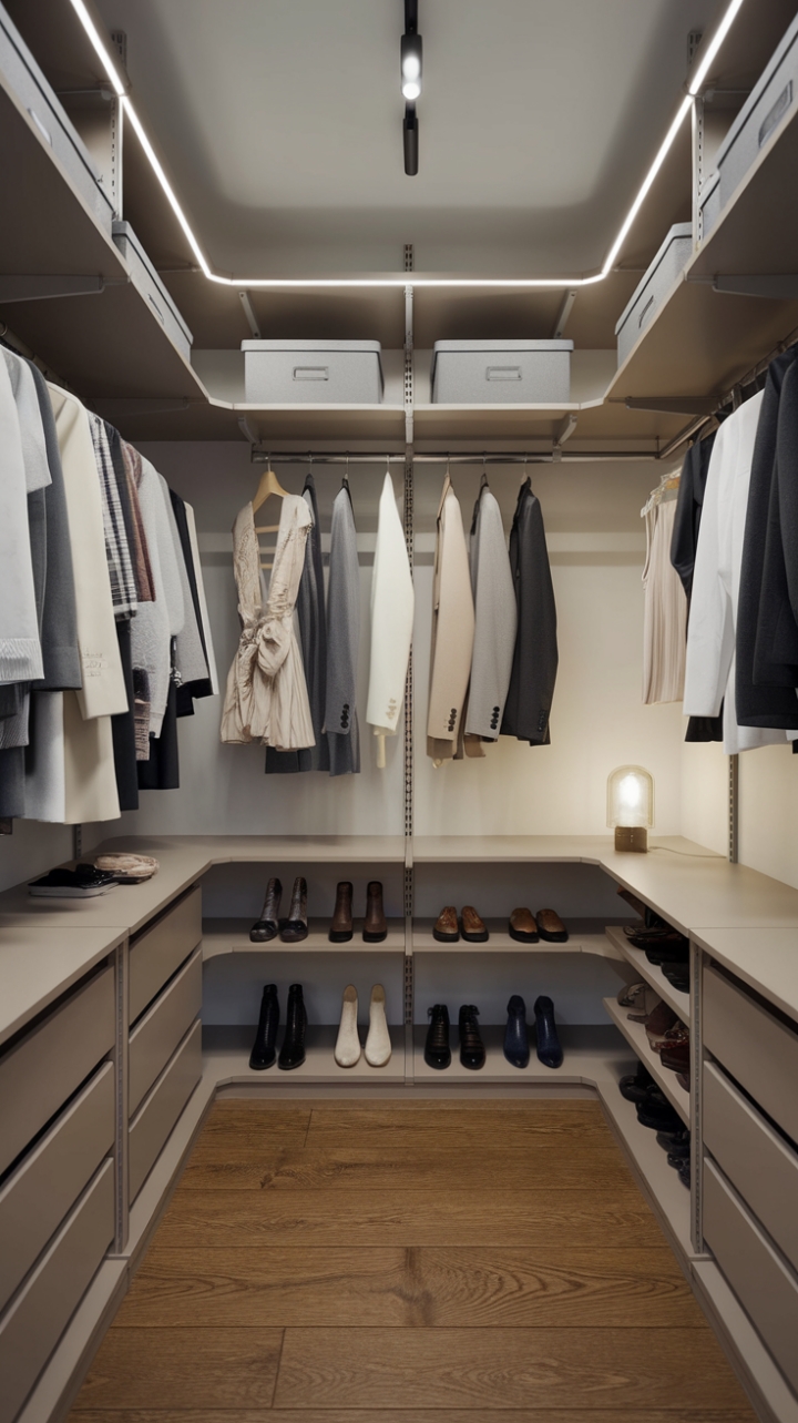Embracing a contemporary aesthetic, this minimalist walk-in closet showcases a sleek storage system that perfectly balances style and functionality. With an array of clothing items, from elegant dresses to tailored suits, each piece is thoughtfully arranged on multiple hanging rods and shelves, complemented by practical storage bins. The inviting wooden floor and pristine white walls create a tranquil backdrop, while the soft glow of a small lamp adds warmth to the space. This closet is a testament to modern design, offering a chic retreat for all your fashion needs.