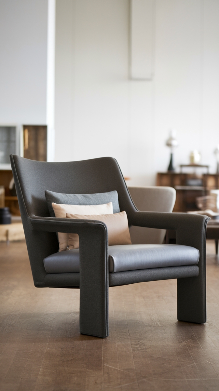 Indulge in the quiet luxury of this impeccably styled living room. The dark grey armchair, a masterpiece of modern design, commands attention with its sleek silhouette and plush cushions. Its sophisticated simplicity is perfectly complemented by the warm wood flooring and crisp white walls, creating a space that is both inviting and undeniably chic.