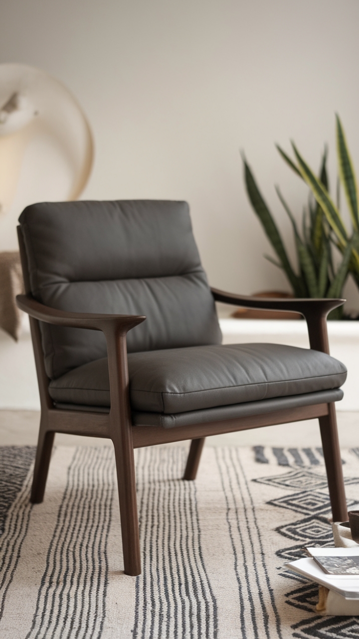 This contemporary armchair exudes sophistication with its sleek wooden frame and sumptuous dark grey cushion, making it a striking focal point in the minimalist room. The subtle interplay of textures is enhanced by the patterned rug beneath, while a vibrant plant adds a touch of life to the serene space. Against the backdrop of a neutral white wall, the carefully curated scattered objects create an inviting atmosphere that perfectly balances modern elegance with cozy comfort.