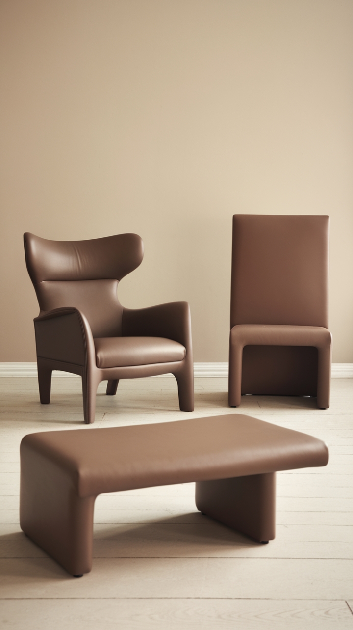 Beige walls whisper calm as three distinct yet harmonious chairs command attention. Each piece-a curved armchair, a sleek lounge chair, and a boxy accent chair-contributes to a sophisticated and subtly eclectic aesthetic. The light wood floor grounds the scene, creating a space both stylish and inviting.