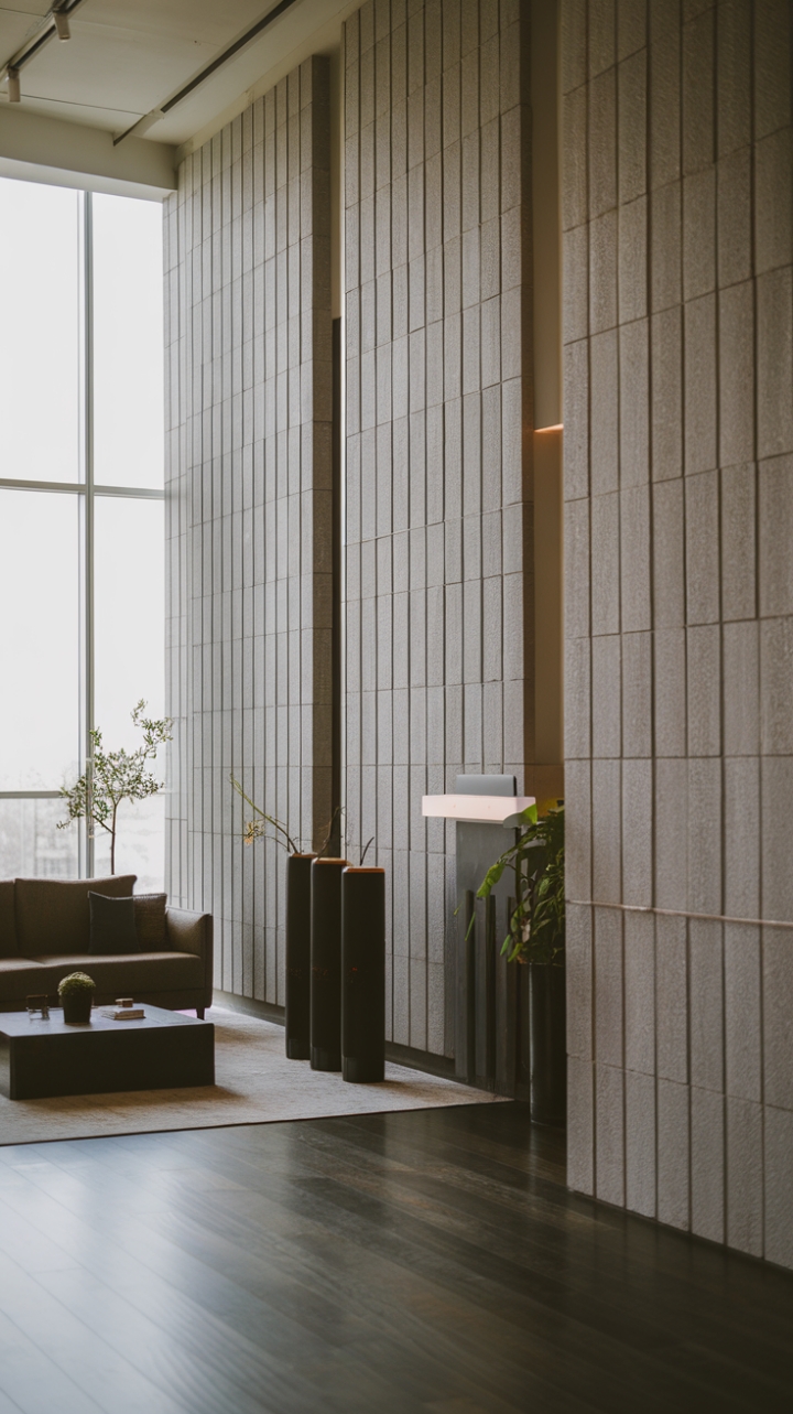 This contemporary room exudes sophistication with its sleek wall surfaces adorned in a chic textured cladding that adds depth and character. The minimalist design is beautifully curated, featuring a stylish sofa and a modern coffee table that invite relaxation, while a vibrant plant breathes life into the space. The rich dark wood flooring contrasts elegantly with the bright natural light streaming through the expansive windows, creating an inviting atmosphere that balances simplicity and elegance.