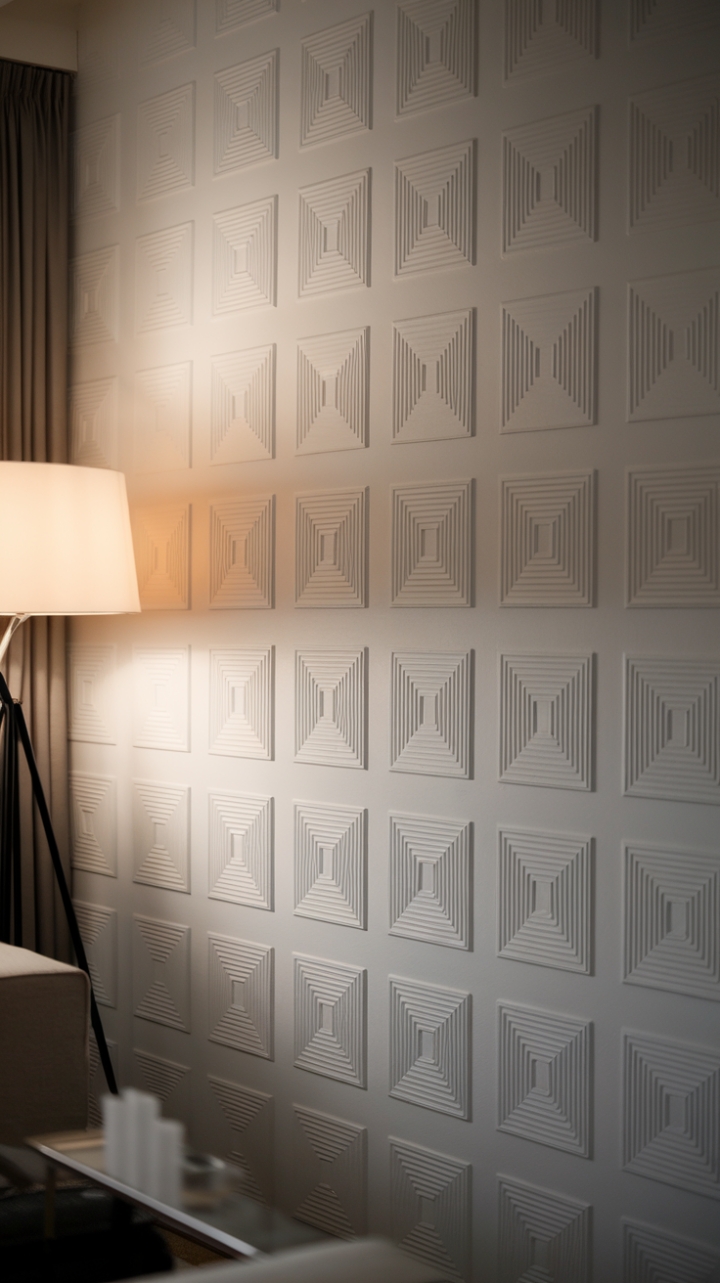 This contemporary living room showcases a stunning white wall, its textured geometric pattern composed of interlocking squares that draw the gaze with their subtle complexity. A stylish floor lamp with a white shade casts a gentle glow, highlighting the wall's unique design and adding warmth to the minimalist space. With carefully curated furniture and decor, the room exudes a sense of tranquility and sophistication, making it a perfect retreat for relaxation and inspiration.