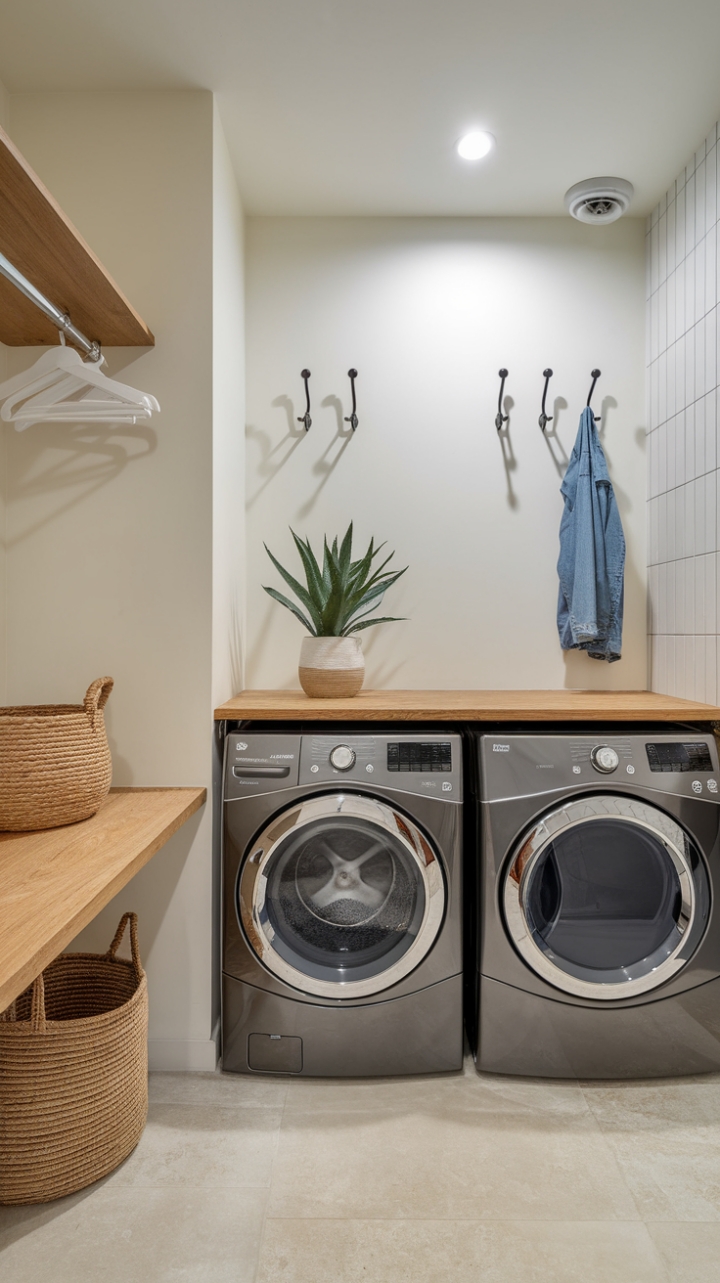 In this contemporary laundry room, modern minimalism reigns supreme, showcasing a seamless blend of style and utility. The polished stainless steel washer and dryer shine against the pristine white walls, while a warm wooden countertop introduces a natural element, adorned with a vibrant potted plant and a chic basket for organization. The beige tiled floor provides a calming contrast, and the thoughtfully placed hooks invite a sense of order, transforming this essential space into a sophisticated haven for all your laundry needs.