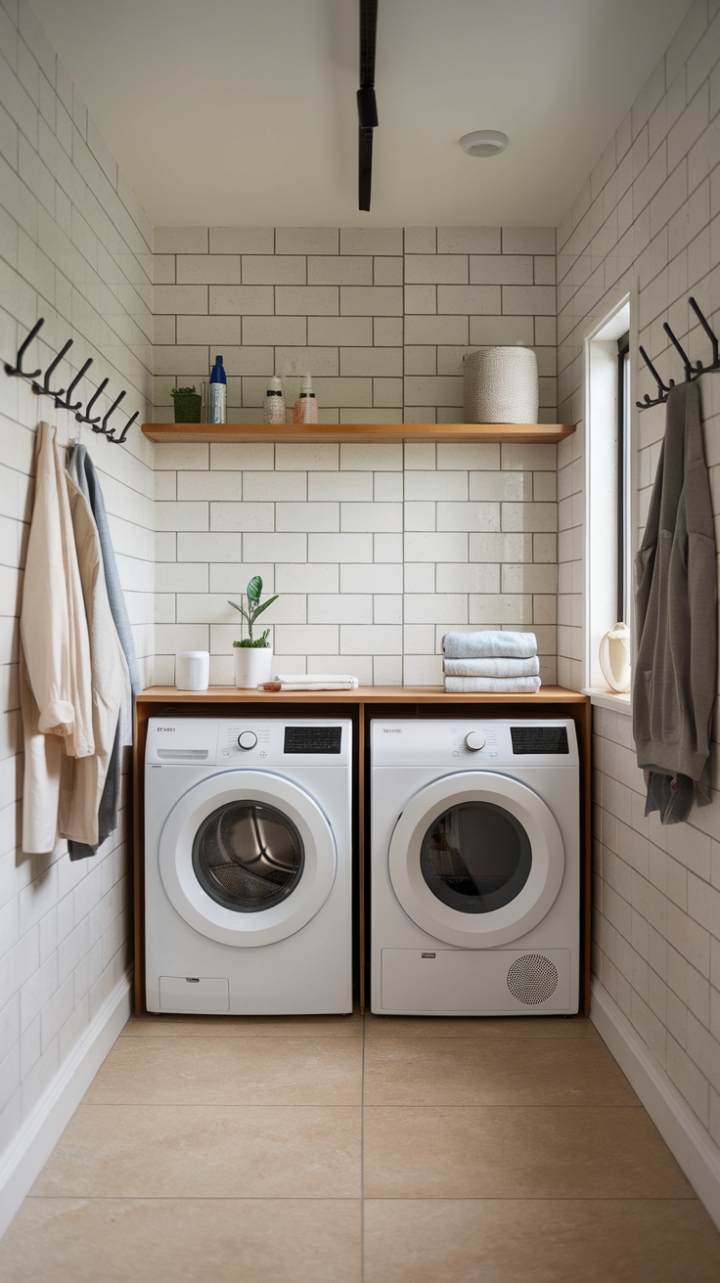 With its chic and minimalist approach, this laundry room transforms a mundane chore into a stylish affair. The crisp white washer and dryer sit side by side, exuding a sense of order and sophistication, while a wooden shelf above adds a touch of warmth, showcasing neatly arranged cleaning essentials. The soft beige tiles underfoot provide a soothing contrast, and the wall hooks offer practical storage for garments, all bathed in the gentle glow of natural light streaming through the window, creating an inviting and functional space.