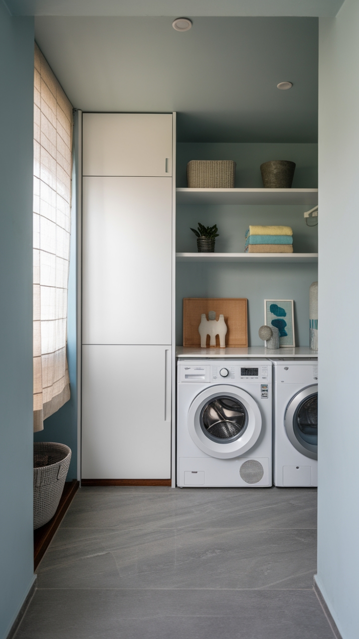 Serenity now. This contemporary laundry room redefines utility chic. A calming pale blue backdrop, sleek white appliances, and subtly patterned gray tiles create a space that's as stylish as it is functional. The minimalist aesthetic is punctuated by carefully curated details, proving that even chores can be done in style.