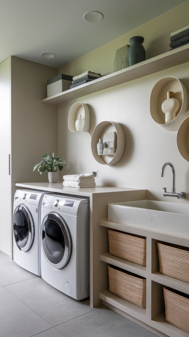 Reimagine laundry day in this pristine, minimalist haven. Sleek appliances, smart storage, and a calming white palette transform a utilitarian space into a stylish sanctuary. The perfect blend of form and function, this laundry room proves that practicality can be breathtaking.